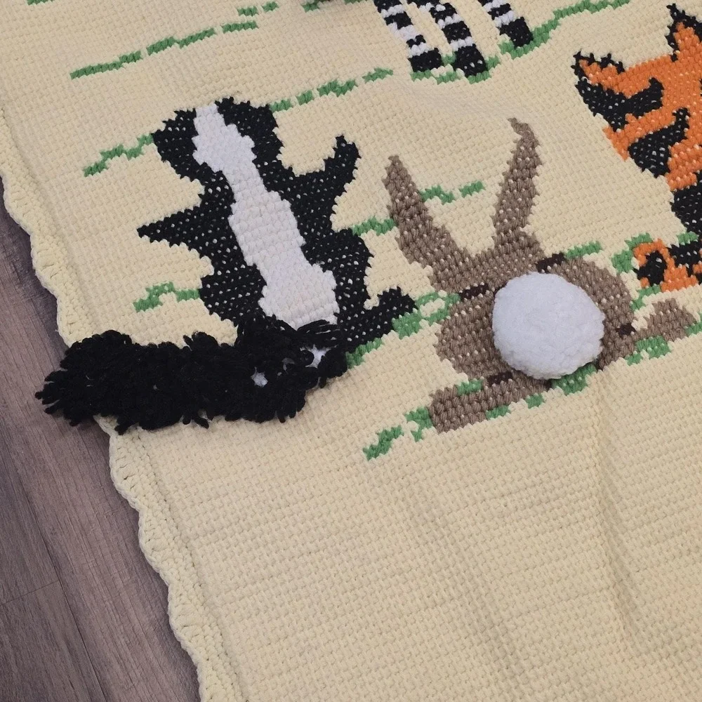 Yellow Knit‎ Vintage Handmade Baby Nursery 3D Tails Animal Throw Blanket 47x36
